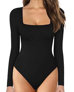lot 2122 image: MANGOPOP Womens Square Neck Short Sleeve Long Sleeve Tops Bodysuit Jumpsuit (B Long Sleeve Black, Medium)