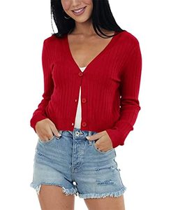 lot 2127 image: Lacozy Women Long Sleeve Cropped Cardigan V Neck Solid Button Down Knit Bolero Shrug Sweater Red M