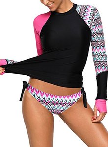 lot 2129 image: Womens Long Sleeves Rash Guard Athletic Swim Aztec Bathing Suit Beachwear (Large, Pink Purple)
