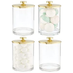 lot 2131 image: mDesign Large Modern Apothecary Storage Organizer Canister Jars - Plastic Containers for Bathroom, Organization Holder for Vanity, Counter, Makeup Tables, Lumiere Collection, 4 Pack, ClearSoft Brass