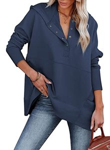 lot 2143 image: AlvaQ Pullover Hoodies for Women Juniors Casual Fashion Half Button Lightweight Sweatshirt With Pockets Plus Size Blue 1X