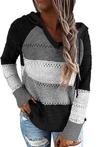 lot 2144 image: FEKOAFE Womens Causal Color Block Hoodies Lightweight Knit Sweaters Long Sleeve Striped V Neck Cute Hoodies Black XXL