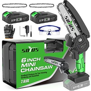 lot 2152 image: Mini Chainsaw 6-Inch Cordless, SOYUS Electric Chainsaw Mini Battery Chainsaw with 2Pcs Batteries, Handheld Small Chainsaw for Tree Trimming Branch Wood Cutting Green