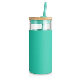 lot 2166 image: tronco 20oz Glass Tumbler Glass Water Bottle Straw Silicone Protective Sleeve Bamboo Lid - BPA Free (Gress)