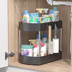 lot 2168 image: SKYSEN Under sink organizers and storage, under the sink organizer, under sink organizer- For kitchen bathroom- Upgrade strengthening structures- Anti rust- 5 Hooks included- Black(uso-1)
