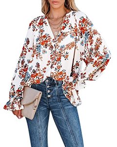 lot 2179 image: Womens Casual Floral Print Long Batwing Sleeve V Neck Button Down Shirts Boho Drop Shoulder Loose Blouse Top Large