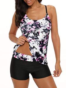 lot 2180 image: Century Star Tankini Swimsuits for Women Retro Bathing Suits Two Pieces Modest Swimming Wear Sports Tank Tops with Boyshorts White Red 4-6