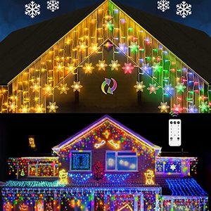 lot 2186 image: Marchpower Snowflake LED Icicle Lights - 32ft 400 LEDs 80 Drips MulticolorWarm White Color Changing Window Curtain String Connectable Twinkle Light 8 Modes for Easter Ramadan Wedding Holiday Decor