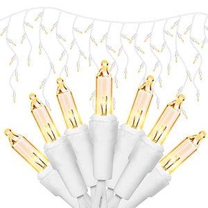 lot 2193 image: FUNPENY 8.5 FT Christmas Icicle Lights, 150 Count UL Certified Fairy Lights with 27 Drops, White Wire String Light Decorations for Xmas Indoor Outdoor Wedding Party Holiday Decor (Warm White)