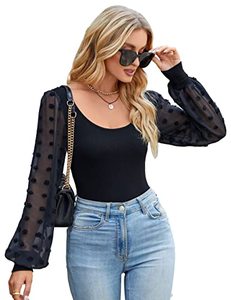 lot 2213 image: Blooming Jelly Womens Black Bodysuit Puff Sleeve Tops Dressy Casual Body Suits Slimming Bodysuit (X-Large,Black Long Sleeve)