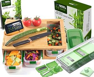 lot 2214 image: Smart Bamboo Cutting Board With Containers, Locking Lid, and Built-in GRATER. Easy To Clean Food Prep Station With Trays. Extra Large Smart Cutting Board Set with Stackable Containers For Easy Storage