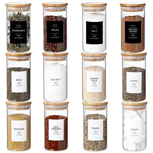 lot 2218 image: CZZGSM 12 Pcs Glass Spice Jars With 296 Spice Labels Preprinted of White and Black Color- 8oz Thicken(2.4mm) Spice Containers With Bamboo Airtight Lids - Empty Small Herb Seasoning Jars