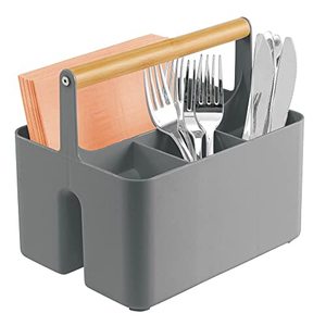 lot 2227 image: mDesign Plastic Portable Storage Organizer Kitchen Caddy Tote, Divided Bin with Wood Handle for Napkins, Silverware, Forks, Knives, Spoons - Store in Cabinets, Countertops - Charcoal GrayNatural