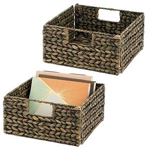 lot 2233 image: mDesign Woven Hyacinth Storage Bin Basket Organizer with Handles for Organizing Closet, Laundry, Home Office, Nursery, Kitchen, Bathroom Shelf - Holds Towels, Blankets, Books, 2 Pack - Black Wash