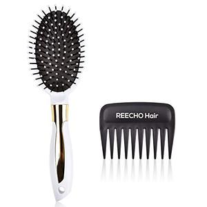 lot 2253 image: REECHO Paddle Hair Brush Wide Tooth Comb Set, Detangling Comb for Human Hair Synthetic Hair Extensions Wigs Hairpieces, Styling Hairbrush for Long Short Thick Thin Straight Wavy Wet Dry Hair White