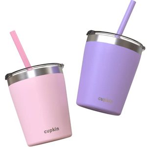 lot 2255 image: Cupkin Kids & Toddler Cups - The Original 8 oz Stackable Stainless Steel Sippy Cups for Toddlers 3 Years Old - Set of 2 Insulated Water Cups for Kids  BPA Free Lids  Silicone Straws (Pink  Purple)