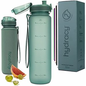lot 2256 image: Hydracy Water Bottle with Time Marker -Large 32oz BPA Free Water Bottle & No Sweat Sleeve -Leak Proof Gym Bottle with Fruit Infuser Strainer & Times to Drink -Ideal Gift for Fitness Sports & Outdoors