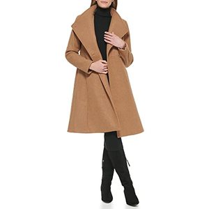 lot 2268 image: Calvin Klein Womens Ring Snap Detail Asymmetrical Closure Stand Collar Welt Pockets Coat, Dark Camel Melange, Large Retail$149.99