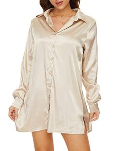 lot 2281 image: Satin Shirt Mini Dress for Women Long Sleeve Button Down Dresses Relaxed Fit with Side Splits (Small, Dark Champagne)
