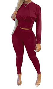 lot 2287 image: Dgebou Fall 2 Piece Outfits for Women,Solid Color Tummy Control Long Sleeve Crop Top and High Waist Bodycon Long Pants Two Piece Workout Set Tracksuits Sweatsuits (Red, XL)