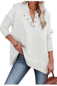 lot 2291 image: AlvaQ Women Casual Button V Neck Hoodies Oversized Pullover Sweatshirt Hooded Tops with Pockets XL