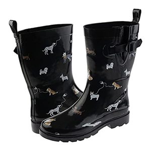 lot 2300 image: Capelli New York Ladies Mid-Calf Rain Boot, Shiny Dogs Black Combo, Size 9