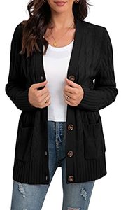 lot 2329 image: GRECERELLE Womens Long Sleeve Loose Knit Cable Open Front Button Down Cardigan Sweater Outerwear Coat with Pockets Black-Large