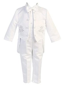 lot 2335 image: iGirlDress Little Boys White Baptism Christening Mandarin Collar Tail 5 pcs Tuxedo with Silver Cross Embroidery Size 2