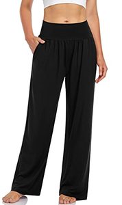lot 2339 image: UEU Womens Wide Leg Comfy Stretch High Waist Yoga Pants Casual Loose Fit Home Lounge Sports Athletic Sweat Pants with Pockets(Black,L)