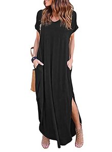 lot 2349 image: Womens Short Sleeve V Neck Pocket Casual Side Split Beach Long Maxi Dress Black L