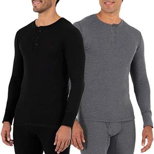 lot 2355 image: Fruit of the Loom Mens Recycled Waffle Thermal Underwear Henley Top (1 and 2 Packs), BlackGreystone Heather, Large