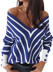 lot 2359 image: Asvivid Deep V Neck Striped Pullover Sweaters for Women Lightweight Retro Button Long Sleeve Knit Pullover Winter Warm Blue Sweater Tops M
