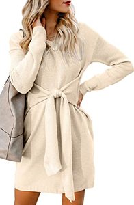 lot 2361 image: GOBLES Womens Casual V Neck Long Sleeves Tie Waist Cable Knit Sweater Mini Dress Apricot M