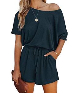 lot 2362 image: Lacozy Womens 2023 Summer Short Sleeve Off The Shoulder Rompers Casual Shorts One Piece Overall Jumpsuits Navy Blue M