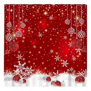 lot 2365 image: Funnytree Red Christmas Snowflakes Shower Curtain Set with 12 Hooks Merry Xmas Glitter Sparkle Bokeh Bathroom Bathtubs Decor Easy Care Washable Durable Polyester Fabric 72x72