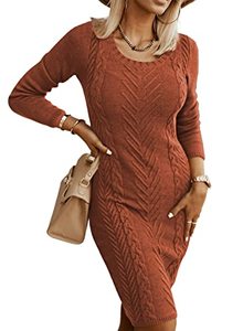 lot 2371 image: Dearlove Womens Sexy Crewneck Long Sleeve Cable Knit Bodycon Pencil Midi Sweater Dress Knee Length Brown XL 16 18