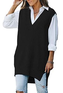 lot 2372 image: Viottiset Womens Oversized V Neck Houndstooth Knit Sweater Vest Sleeveless Tunic Top Black Large