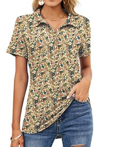 lot 2374 image: TFSDOD Womens Casual Collared Polo Work Shirts V Neck Button Down Blouse with Pocket Floral Khaki Red XXL