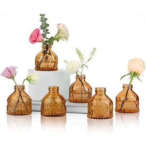 lot 2385 image: ComSaf Glass Bud Vases Set of 6, Small Vintage Flower Bottle, Petite Glass Flower Vase for Floral Arrangements, Decorative Centerpiece for Home Wedding Party Event Office, Modern Decor, Brown
