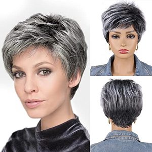 lot 2399 image: BCHR Short Grey Wigs for Women Natural Wave Synthetic Full Old Lady Pixie Cut Wig