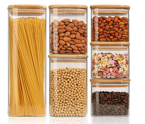 lot 2384 image: ComSaf Food Storage Containers with Airtight Bamboo Lids Set of 3, Clear Glass Canister Food Jar with Sealing Lid Kitchen Pantry Storage Container for Spaghetti Pasta Sugar Flour Cereal Beans, Square