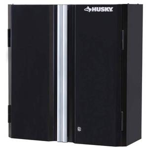 lot 1156 image: Husky Ready-to-Assemble 24-Gauge Steel Wall Mounted Garage Cabinet in Black (28 in. W x 29 in. H x 12 in. D)- Retail $199.99