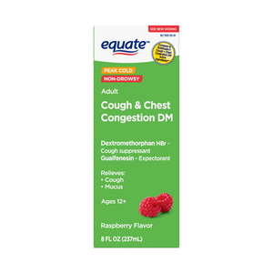 lot 2740 image: Equate Peak Cold Non-Drowsy Adult Cough & Chest Congestion DM Raspberry 8 fl oz