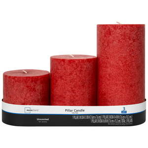 lot 5451 image: Mainstays Unscented Decorative Mottled Pillar Candles Set (3x3 3x4 and 3x6) Red Mottled Color