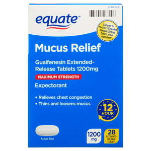lot 3851 image: Equate Mucus Relief Expectorant Extended-Release Tablets Guaifenesin 1200 mg 28 Count (EXP 11 24)