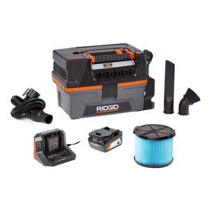 lot 7087 image: RIDGID 3 Gal. 18-Volt Cordless Handheld NXT WetDry Vacuum with Battery, Charger, Fine Dust Filter, Hose and Accessories, Grays