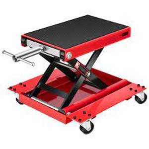 lot 7050 image: VIVOHOME 1100Lbs Steel Wide Deck Motorcycle Lift ATV Scissor Left Jack With Folly and Hand Crank Bikes Garage Repair House Stand Red