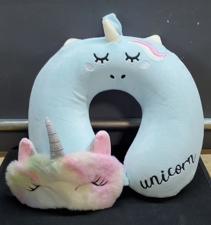 Kids Blue Travel Pillow,Unicorn Neck Pillow for Kids Traveling,Cute Toddler  Airplane Travel Essentials Pillow with Eye Mask,Girls Washable U-Shaped Car  Flight Head Support Memory Foam Pillow for Sleeping
