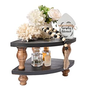lot 18939 image: Donmills 2 Pieces Farmhouse Wood Corner Counter Shelf for Kitchen Countertop Organizer, Wood Counter Stackable Corner Pedestal Stand Tray Riser Shelves Cabinet Shelves Spice Rack Organizer Black