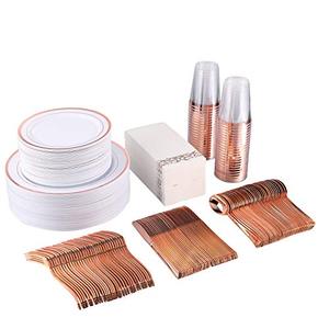 lot 18944 image: 350 Piece Rose Gold Dinnerware Set 50 Guest -100 Rose Gold Plastic Plates - 50 Plastic Silverware - 50 Plastic Cups - 50 Linen Like Paper Napkins, FOCUSLINE Disposable Dinnerware Set